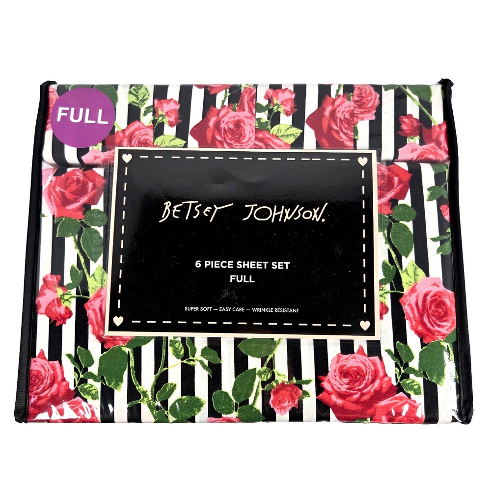 Betsey Johnson Full Sheet Set 6 Piece Roses Striped Black White Red Floral New